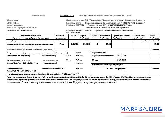 Downloadable Belarus Gomel energo utility bill sample